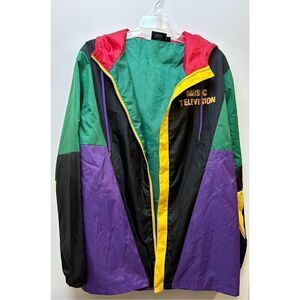 MTV Vintage multi-color lightweight hooded windbreaker pockets size L. #16-1602